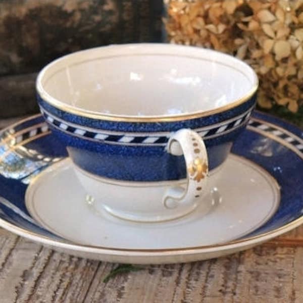 Booths Cream Soup Cup with Underplate, Rare Pattern Modern Blue Transferware, Bridesmaid Gift, #A8062, Fine English China Ca. 1920s