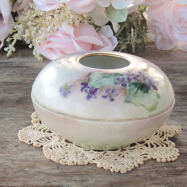 Guerin Limoges Hand Painted Violets Hair Receiver Box Ca 1900's Christening Box Mourning Box Trinket and Jewelry Box