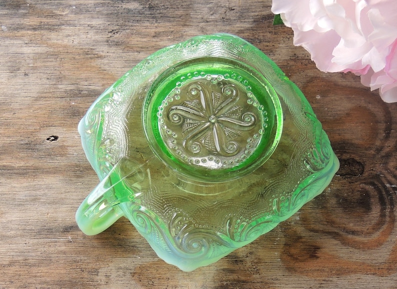ON SALE Vintage Green Handkerchief Opalescent Glass Dish with Handle Scalloped Edge Candy Bowl Art Glass
