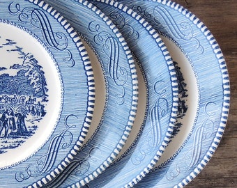 Blue and White Currier and Ives Bread Plates Set of 4 Royal USA Harvest Scene Rustic Farmhouse China