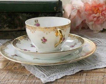 French Limoges Tea Cup Trio Set, T & V  Place Setting, Tea Cup Saucer Dessert Plate, Elegant Tea Party, Wedding, Tressman and Voight