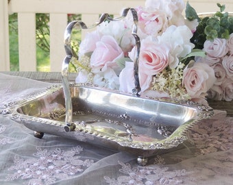 JG Graves Silverplate Footed Bridal Basket Sheffield England Embossed Flowers