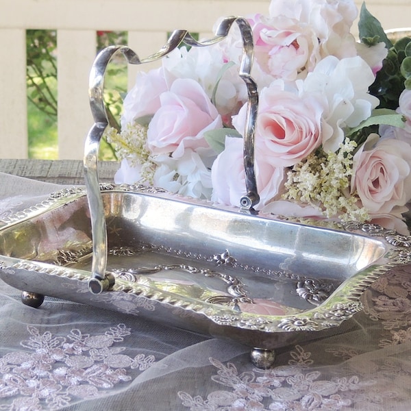 JG Graves Silverplate Footed Bridal Basket Sheffield England Embossed Flowers