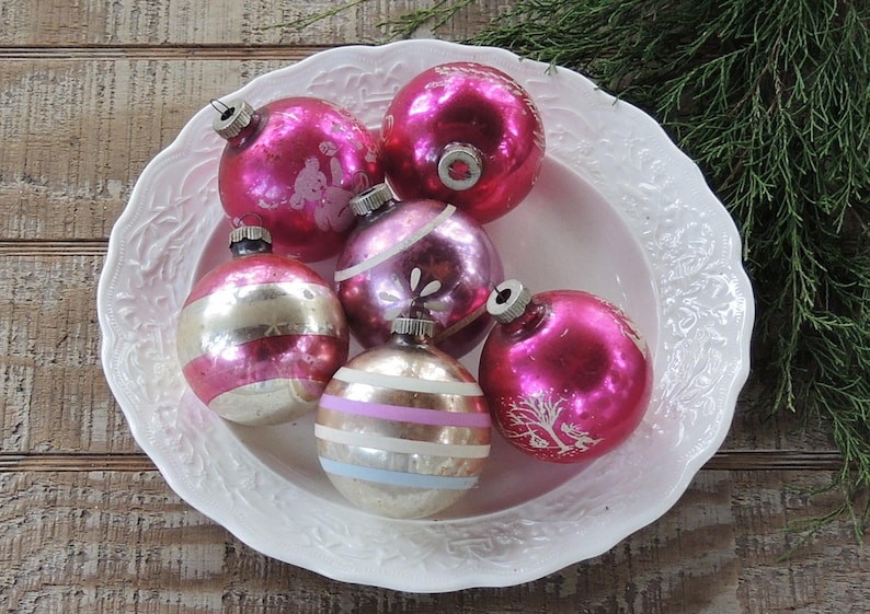 ON SALE Vintage Shiny Brite Blown Glass Bright Pink Assorted Ornaments Set of 6 Shiny Pink Holiday Decor Tree Trimming Mercury Glass