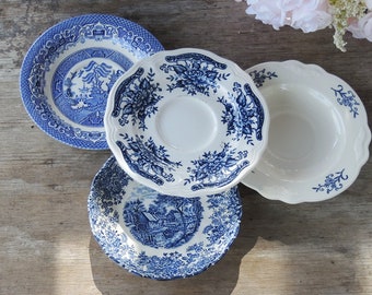 Blue and White Mismatched Saucers Set of 4 Tea Party Plates Mismatched China Serving Set Instant Wall Decor