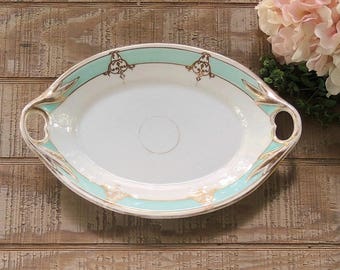 Antique Mint Green and Gold Filigree Handled Platter Fine Bone China Ca. Mid 1800s