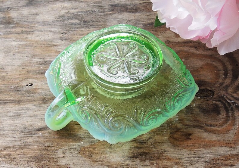 ON SALE Vintage Green Handkerchief Opalescent Glass Dish with Handle Scalloped Edge Candy Bowl Art Glass