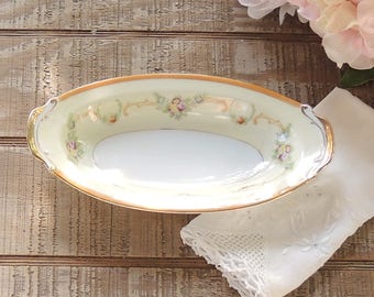 Hand Painted Japan Relish Dish Pink Roses Gold Trim Cottage Style Oblong Dish Mid Century