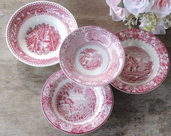 Mismatched Pink and White Bowls Set of 4 Dessert Bowls Red White Transferware Berry Bowls Replacement China