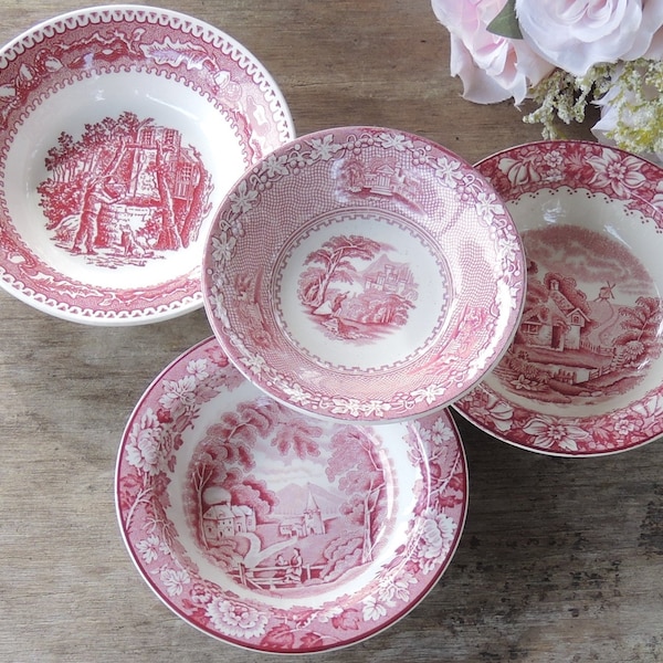 Mismatched Pink and White Bowls Set of 4 Dessert Bowls Red White Transferware Berry Bowls Replacement China