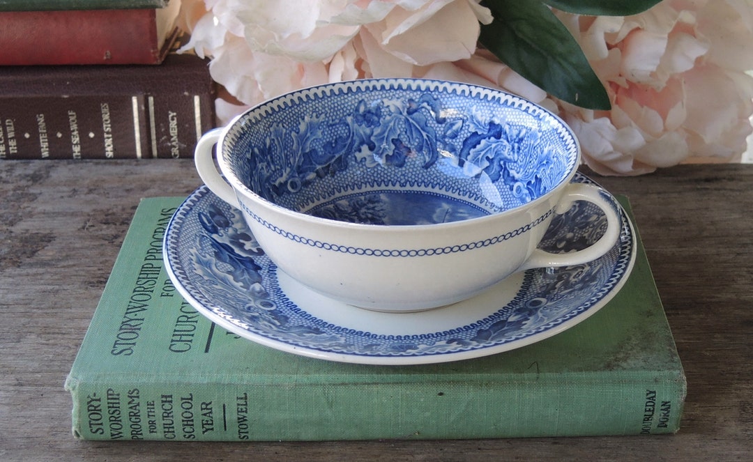 Johnson Brothers Historic America Blue Cream Soup Bowl & Saucer Set the