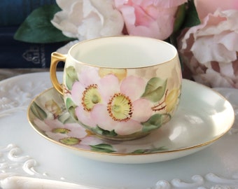 Hand Painted Roses Tea Cup and Saucer Set Small Teacup Set Made in Bavaria Tea Party, Wedding, Bridesmaid Gift