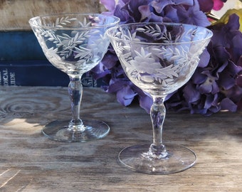 Vintage Etched Crystal Cordial Glasses Set of 2 Sherry Glasses Bar Cart Crystal Cocktail Cordials