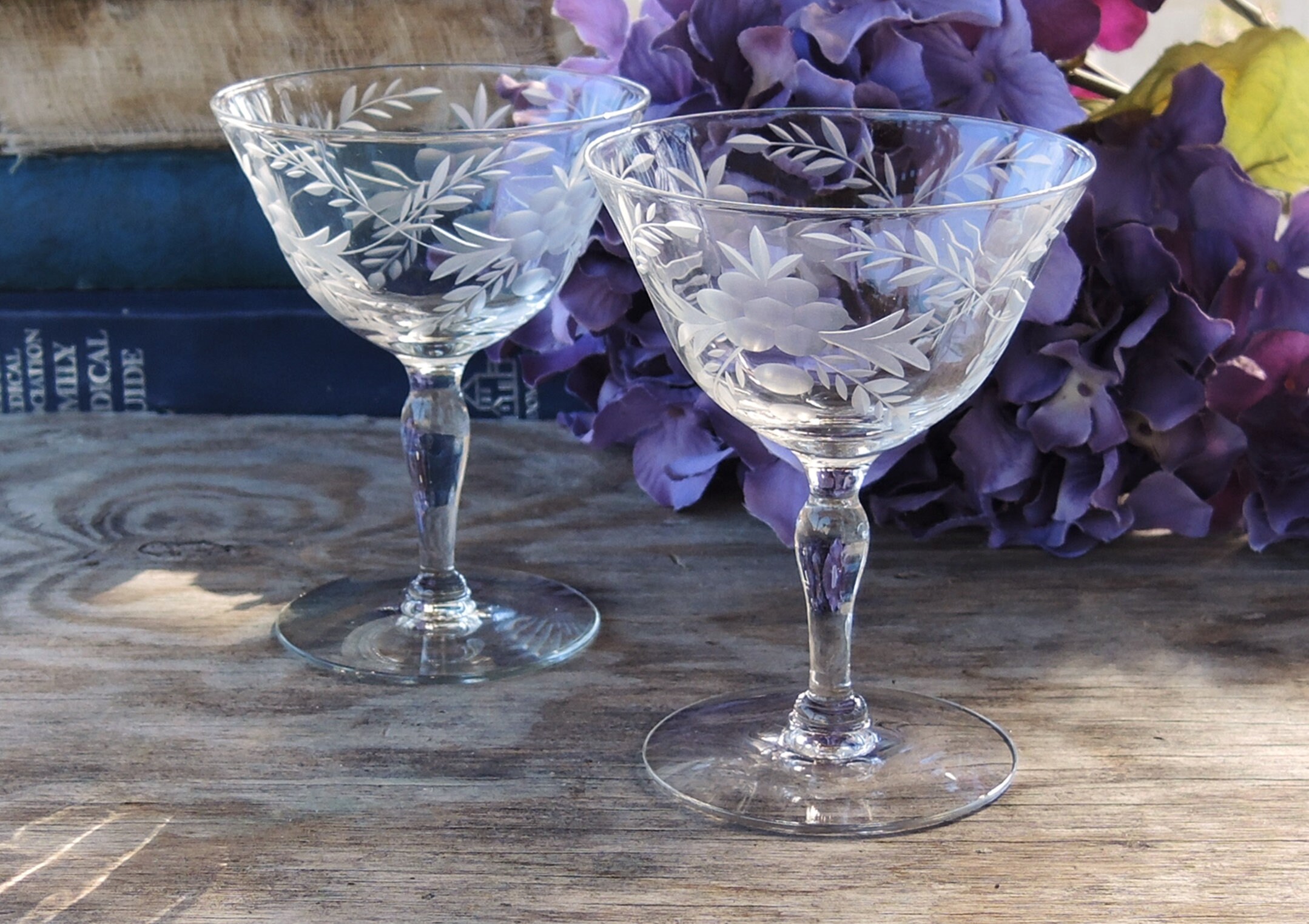 Vintage Etched Crystal Cordial Glasses Set of 2 Sherry Glasses Etsy