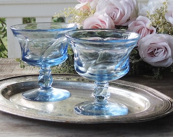 Fostoria Jamestown Blue Champagne/Tall Sherbet Glasses Set of 2 Dessert Glasses Heavy Pressed Glass Ca. 1958 - 1982