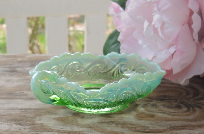 ON SALE Vintage Green Handkerchief Opalescent Glass Dish with Handle Scalloped Edge Candy Bowl Art Glass