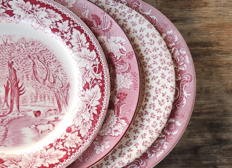 Mismatched Pink White Transferware Dinner Plates Set of 4 Red Etsy