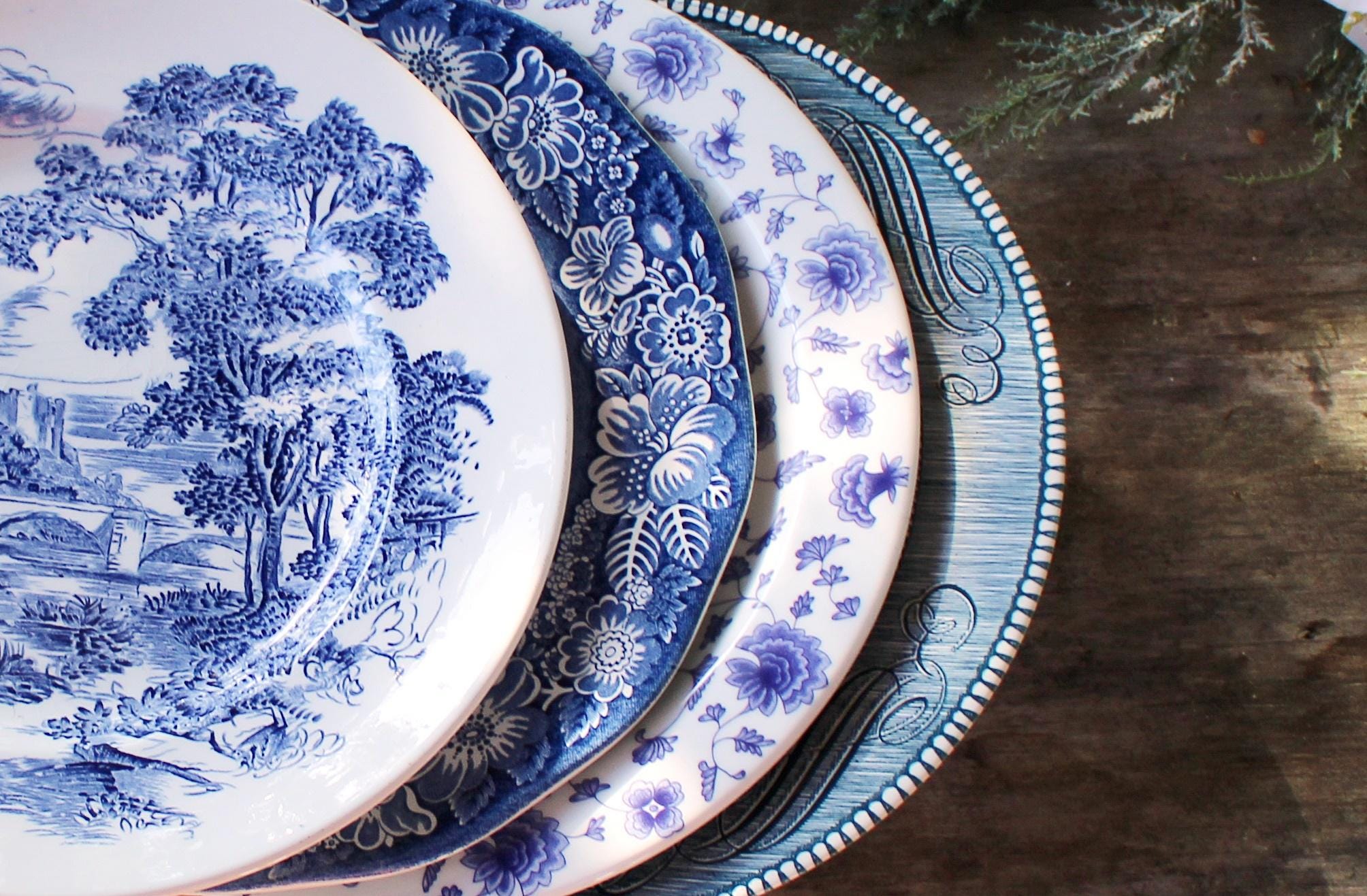 Blue and White Dinner Plates Mismatched