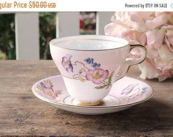 ON SALE Taylor and Kent Pink Floral Footed Tea Cup and Saucer Set, Princess Tea Party Tea Cup Set English Bone China