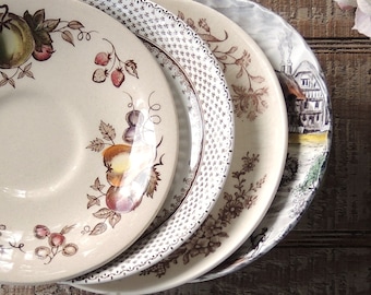 Mismatched Brown Transferware Saucers Set of 4 English China Plates Replacement China