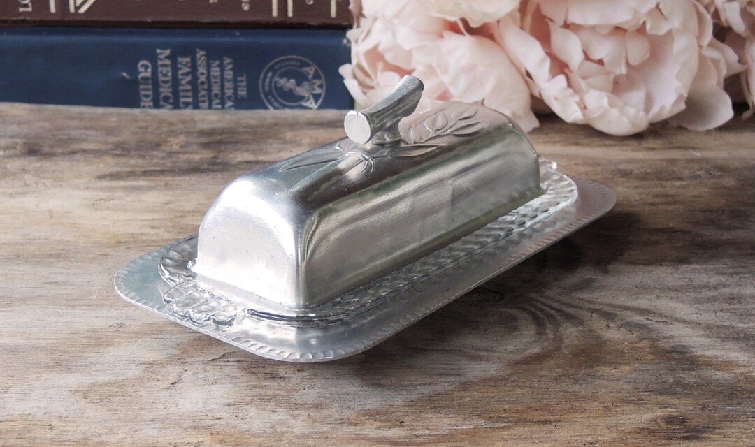 Mid Century Hammered Metal Butter Dish With Glass Insert Everlast