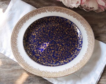 EJ Bradley Dinner Plate Cobalt Blue and Gold Encrusted Filigree Band Rim Made in England Ca. 1875 - 1890