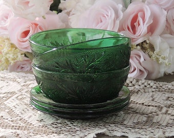 Dark Green Anchor Hocking Custard Glass Bowls and Plates Set of 3 Oatmeal Sandwich Glass Pressed Glass Dessert Bowls Ca. 1960s