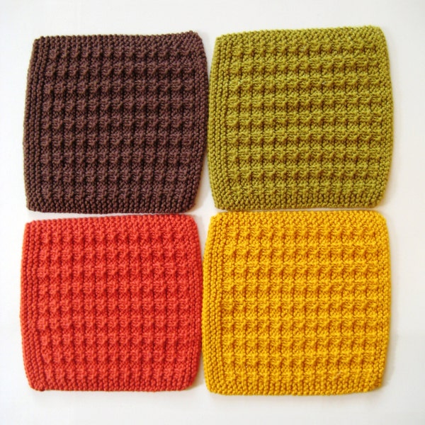 Soft Natural Dish Cloths  Hand Knit Bright Gold  Paprika Orange  Woodsy Green  Warm Brown  Fall Color