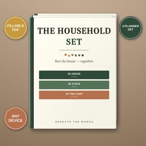 May include: A digital planner set titled THE HOUSEHOLD SET with the subtitle Run the house — together. It features three sections labeled IN ORDER, IN STOCK, and IN THE LOOP in dark green, sage green, and terracotta colors, with BENEATH THE WORDS at the bottom.