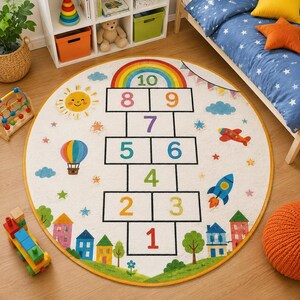 May include: A round area rug featuring a colorful hopscotch grid numbered one through ten. The design includes a rainbow, a smiling sun, a hot air balloon, a rocket ship, an airplane, clouds, stars, and a row of houses along the bottom edge.