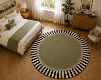 Round Area Rug That Instantly Elevates Your Space | Olive Green, Beige & Terracotta Designer Rug, Washable Japandi Carpet