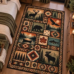 May include: A rectangular area rug featuring a patchwork design with various wildlife and nature scenes, including a deer, bear, moose, eagle, fish, canoe, and maple leaf, all framed by a geometric border in earthy tones of brown, red, and green.