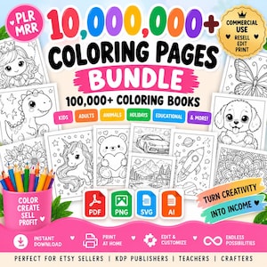 Op de afbeelding: Een digitaal pakket met meer dan 10.000.000 kleurplaten en 100.000 kleurboeken met diverse thema's zoals dieren, feestdagen en educatie. Bevat PDF-, PNG-, SVG- en AI-bestandsformaten, inclusief een roze beker met kleurpotloden.