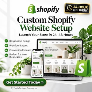 Può includere: Un annuncio digitale per la configurazione di siti web Shopify personalizzati con un laptop e uno smartphone che mostrano l'interfaccia di un negozio. L'immagine include testi come 24-Hour Delivery, Launch Your Store in 24-48 Hours e Get Started Today.