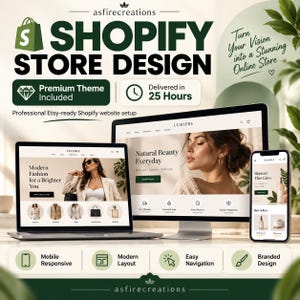 Può includere: Una grafica digitale che promuove i servizi di progettazione di negozi Shopify di asfirecreations. Mostra un computer portatile, un monitor desktop e uno smartphone che visualizzano layout di siti e-commerce. Il testo include Shopify Store Design e Premium Theme Included.