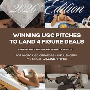 May include: A digital guide titled 2026 Edition Winning UGC Pitches to Land 4 Figure Deals, featuring text about outreach pitches for micro UGC creators and influencers, with four photographic panels showing lifestyle imagery and professional attire.