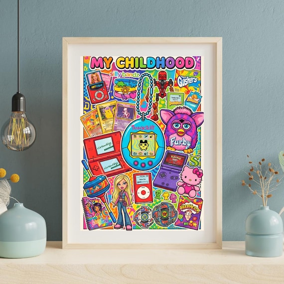 2000s Nostalgia Collage Print, Y2K Toys Poster, Tamagotchi Furby Game Boy Art (Digital Download)