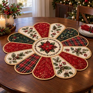 Könnte beinhalten: Eine kreisförmige, gesteppte Tischmatte mit einem zentralen Weihnachtsstern-Motiv, umgeben von zwölf blütenblattförmigen Paneelen. Die Paneele wechseln zwischen rotem Stoff mit Goldranken, grünem Stoff mit Stechpalmen und rot-grünem Karomuster.