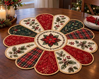 Könnte beinhalten: Eine kreisförmige, gesteppte Tischmatte mit einem zentralen Weihnachtsstern-Motiv, umgeben von zwölf blütenblattförmigen Paneelen. Die Paneele wechseln zwischen rotem Stoff mit Goldranken, grünem Stoff mit Stechpalmen und rot-grünem Karomuster.
