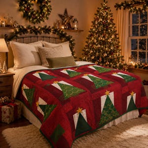 May include: A quilted bedspread featuring a repeating pattern of green Christmas trees with yellow star toppers on a deep red background. The quilt covers a bed with white pillows, positioned in a room decorated with a lit Christmas tree and garland.