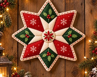 Könnte beinhalten: Ein sternförmiger Wandbehang aus Stoff mit einem zentralen Weihnachtsstern-Motiv, umgeben von abwechselnden roten Rauten mit weißen Schneeflockenstickereien und dunkelgrünen Rauten, die mit Stechpalmenblättern und roten Beeren verziert sind.
