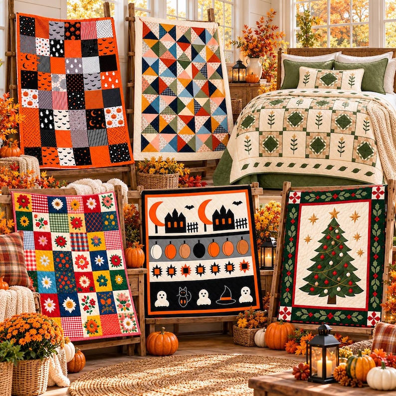 May include: A collection of six quilts featuring various designs including a Halloween patchwork, a colorful triangle pattern, a floral grid, a holiday tree, and a seasonal scene with pumpkins, ghosts, and black cats displayed on wooden racks.