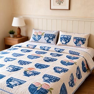 Blue Pottery Bowl Quilt Pattern PDF, Floral Applique Quilt Pattern, Decorative Bowl Quilt, Instant Download Sewing Pattern