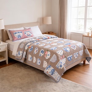 Bowl Collection Quilt Pattern PDF, Blue White Pottery Quilt Pattern, Floral Applique Quilt, Patchwork Quilt Pattern, Instant Download