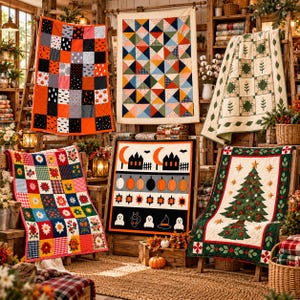 May include: A collection of five decorative quilts featuring various patterns: a Halloween patchwork quilt, a colorful triangle quilt, a cream quilt with green leaf motifs, a floral patchwork quilt, and a holiday quilt with a Christmas tree.