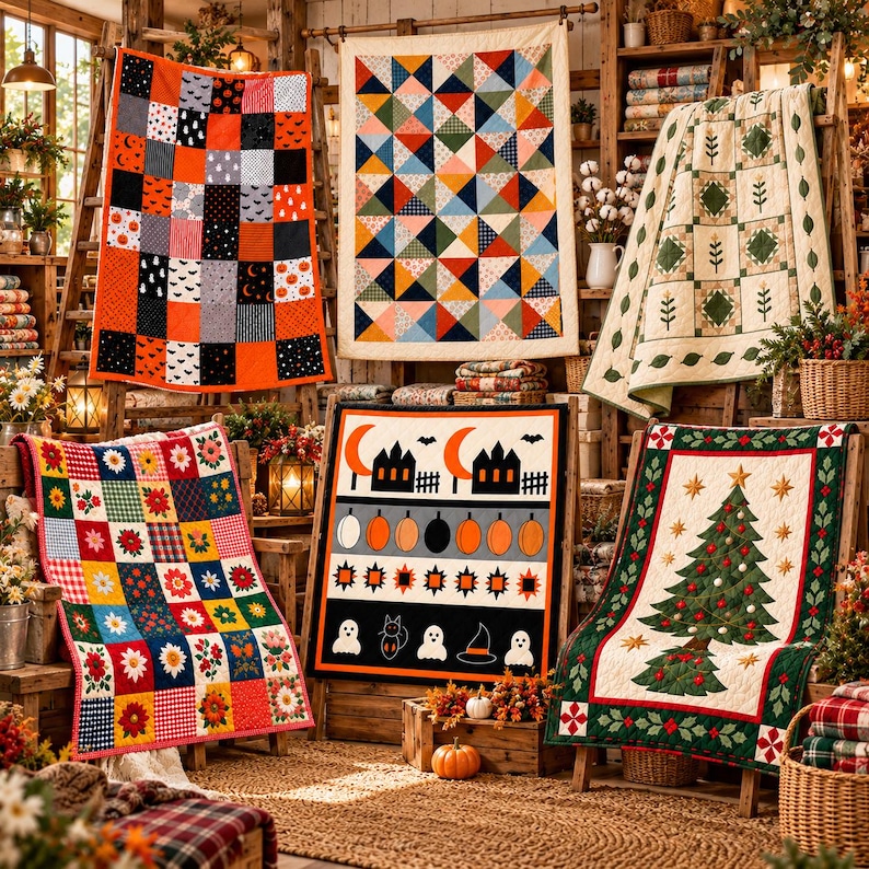 May include: A collection of five decorative quilts featuring various patterns: a Halloween patchwork quilt, a colorful triangle quilt, a cream quilt with green leaf motifs, a floral patchwork quilt, and a holiday quilt with a Christmas tree.