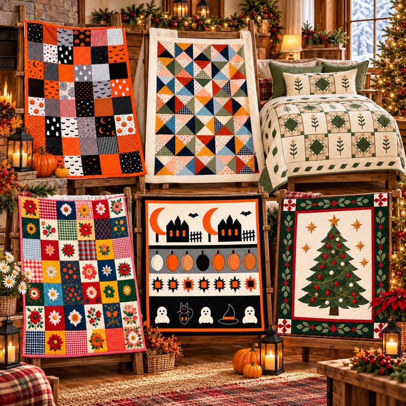 May include: A collection of six quilted blankets featuring various designs including a Halloween pumpkin grid, a colorful geometric triangle pattern, a floral patchwork, a spooky holiday scene, and a Christmas tree motif on a bed.