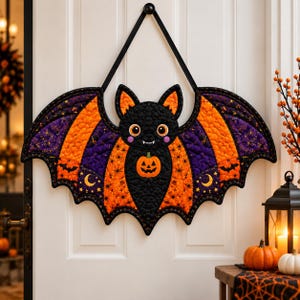 Può includere: Una decorazione da parete trapuntata a forma di pipistrello in tessuto nero, arancione e viola. Il pipistrello presenta un motivo centrale a forma di zucca, orecchie a punta e un cinturino nero per appenderlo. Le ali hanno motivi di stelle.