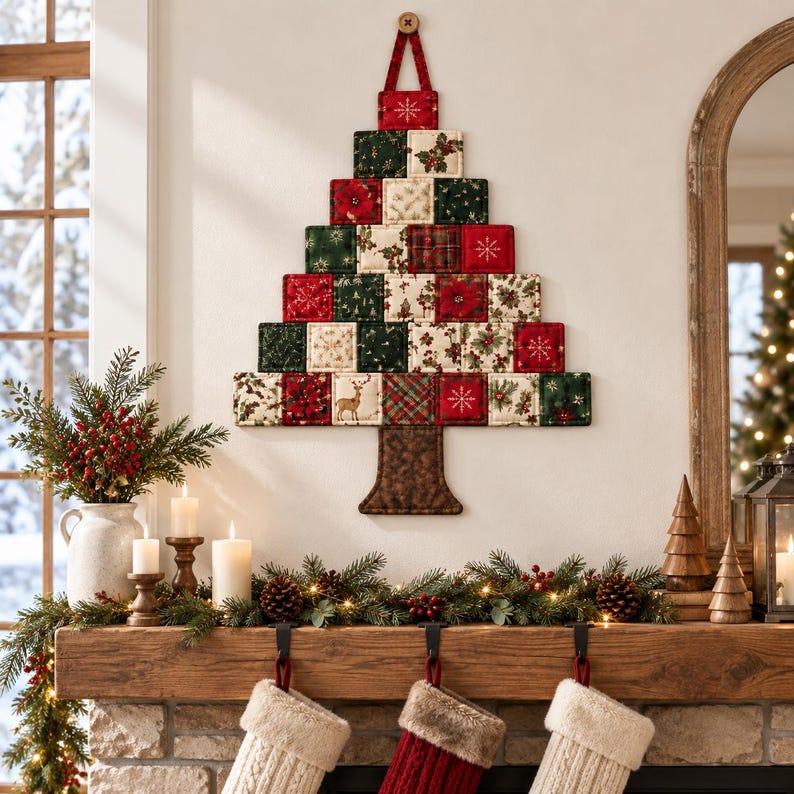 May include: A wall-hanging Christmas tree decoration constructed from quilted fabric squares in red, green, and cream. The tree features various holiday patterns including poinsettias, snowflakes, and a deer, topped with a small wooden button.