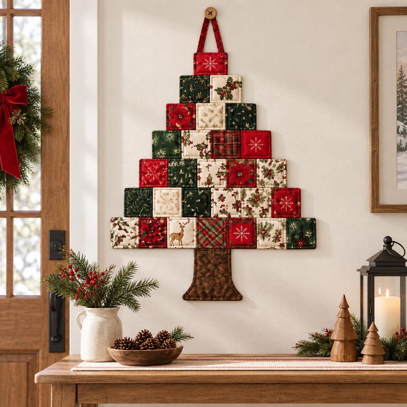 May include: A wall-hanging Christmas tree decoration constructed from quilted fabric squares in red, green, and cream colors. The squares feature patterns of poinsettias, holly, snowflakes, and a deer. A brown fabric trunk is attached at the base.